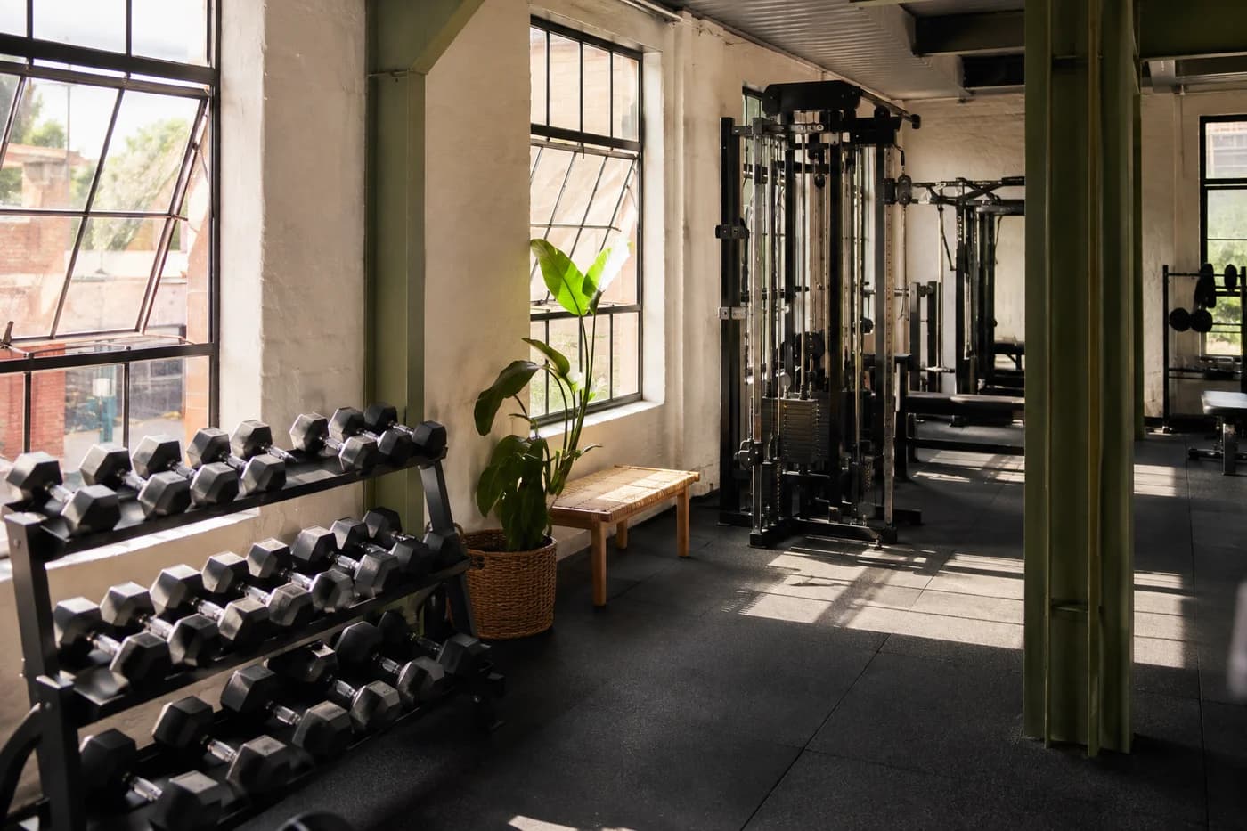 Gym floor with dumbbells and cable equipment